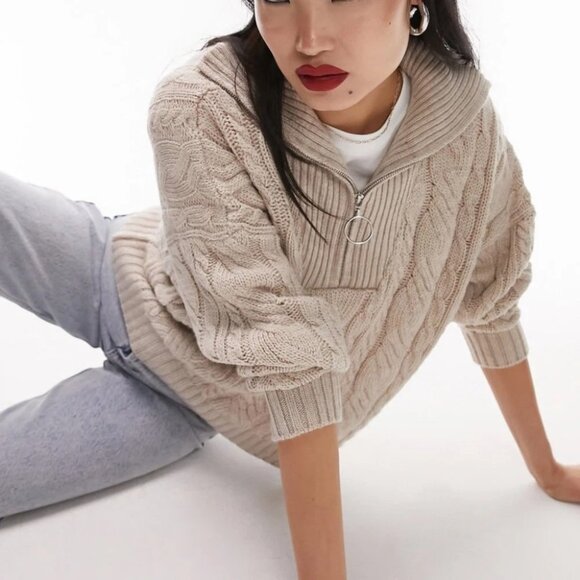 Topshop Cable Knit Oversized Zip Collar Sweat Oat Size 12 - Picture 2 of 12